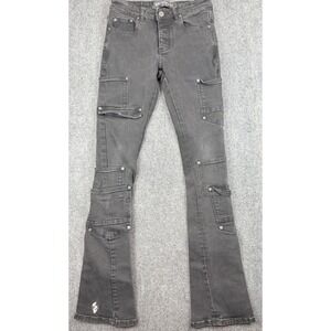 Valabasas Stacked Black Denim Jeans Mens 28 28x33.5 Cargo Flare Distressed Moto